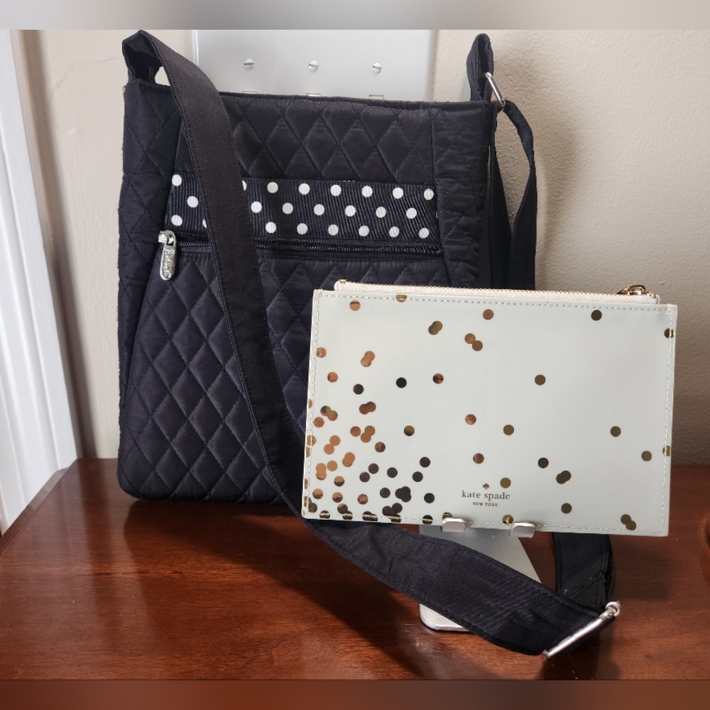 kate spade White Gold Dot Wristlet with Black Quilted Crossbody